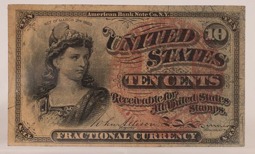 U.S.  .10C FRACTIONAL PAPER CURRENCY NOTE, ACT OF 1863 LIBERTY'S PORTRAIT & RED SEAL, AMERICAN BANK NOTE UNCIRCULATED 1863 (1) H 4" W 5" 