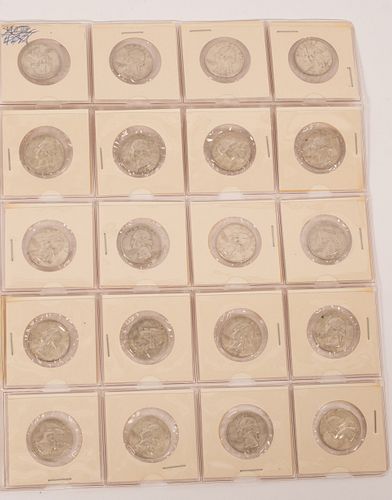 U.S. STERLING SILVER QUARTERS 1964 AMERICAN BALD EAGLE & GEORGE WASHINGTON MIRROR-LIKE 'TWENTY MOUNTED COINS UNUSED (20) H 11" W 9" 