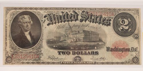 U.S.NOTE $2.DOLLAR PAPER CURRENCY JEFFERSON PORTRAIT SERIAL #E-25125410A, 1917 (1) 