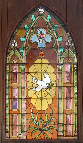 STAINED & SLAG LEADED GLASS WINDOW, C. 1920, H 7' 1", L 3' 11"