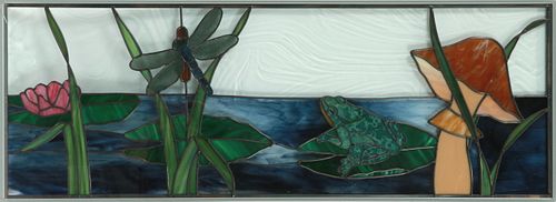 LARRY GARDNER (CANADIAN) STAINED GLASS WINDOW H 18" W 50" DRAGONFLY AND FROG MOTIF 