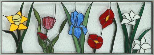 LARRY GARDNER (CANADIAN) STAINED GLASS WINDOW, C. 2000, H 18" W 50" FLORAL MOTIF 