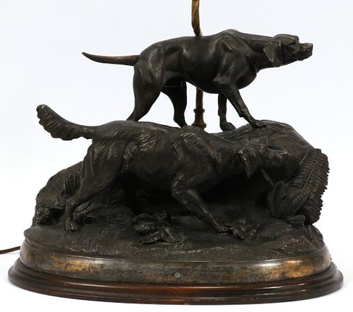AFTER MENE, SCULPTURE OF HUNTING DOGS MOUNTED AS LAMP H 12" - 25" 