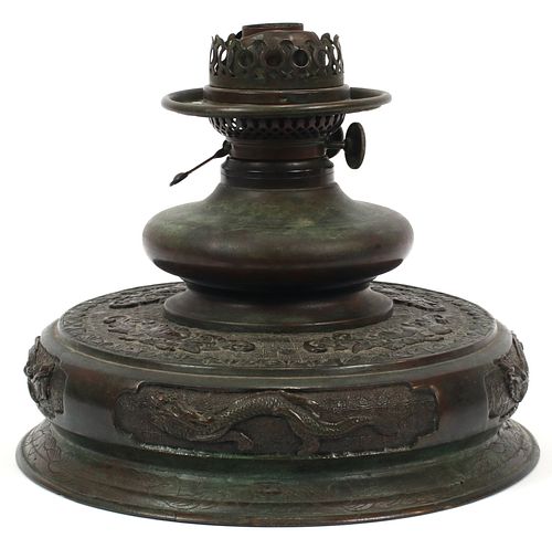 RARE AND EARLY TIFFANY STUDIOS  BRONZE OIL LAMP BASE C.1890 H 9" DIA 10.5" CHINESE DRAGON 