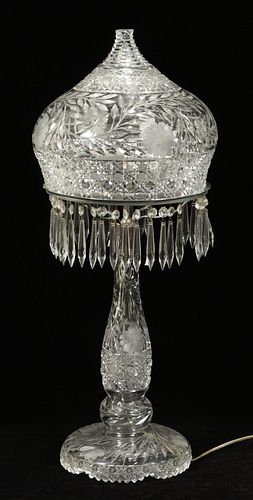 BRILLIANT CUT GLASS ALADIN LAMP, C. 1900, H 28", DIA 11" 
