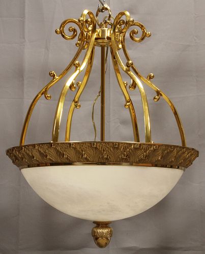 3 LIGHT CHANDELIER WITH BOWL FORM ALABASTER SHADE, H 27", DIA 22" 