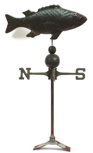 FISH FORM CAST IRON AND TIN WEATHER VANE, W./ ROOF SUPPORT BASE (SEE COLOR PHOTO) H 35.75" 