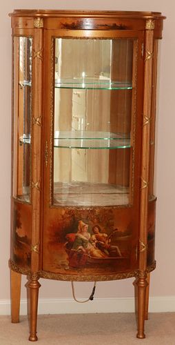 FRENCH VERNI MARTIN STYLE HAND PAINTED AND GILDED CURIO CABINET H 55" W 27" D 14" 