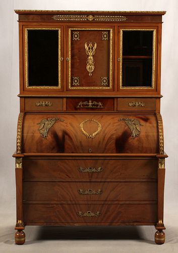 FRENCH EMPIRE STYLE MAHOGANY AND BRONZE ORMOLU DESK/CABINET, H 67", W 48", D 25" 
