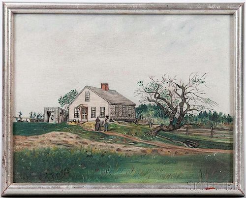 American School, Early 20th Century      Portrait of a White Clapboard and Stone Farmhouse with Couple Standing Out Front