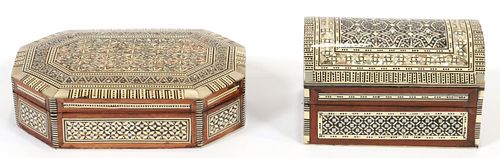 EGYPTIAN MOTHER OF PEARL INLAY WOOD BOXES, 2 PCS, L 5", 7" 