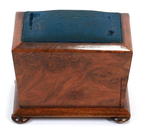 ENGLISH BURL WALNUT SEWING BOX, PINCUSHION TOP CA. 1880. H 4" 