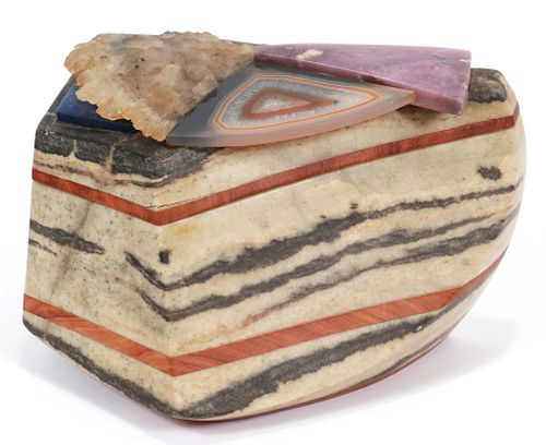 CONTEMPORARY AMERICAN MARBLE & WOOD COVERED BOX, C. 1992, H 5.5" L 8"