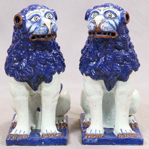 BLUE/WHITE POTTERY FOO LION GUARDIANS, MODERN, PAIR H 24" L 11" 