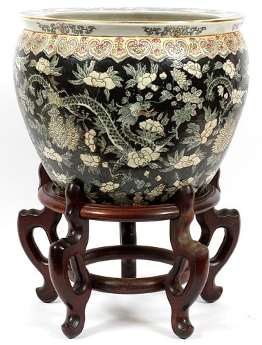 CHINESE PORCELAIN COI PLANTER WITH STAND, H 19 1/2", DIA 15" 
