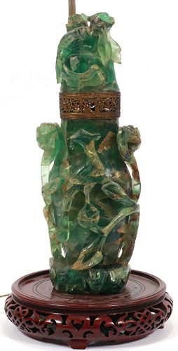 CHINESE CARVED GREEN QUARTZ, LAMP, C. 1900 H 16" 31" 