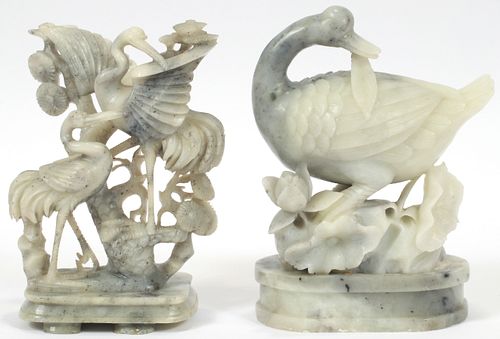 CHINESE CARVED SOAPSTONE, DUCK AND FLAMINGOS H 7" 