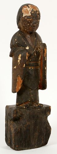 CHINESE HAND CARVED WOOD FIGURE OF AN ELDER, WITH CASE, 18TH C, H 12" W 4" 