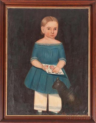 American School, 19th Century      Portrait of a Child in a Blue Dress with a Black Cat