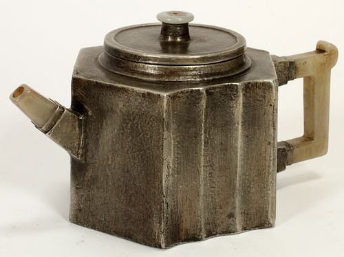 CHINESE QING, PEWTER COVERED ZISHA TEAPOT, WITH BOX, H 3 1/2", DIA 6 1/2" 