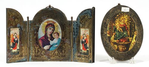 SYRIAN TRYPTIC AND OVAL FRAME ICONS, 2 PCS., H 7 1/2" & 8", W 10", & 5" 
