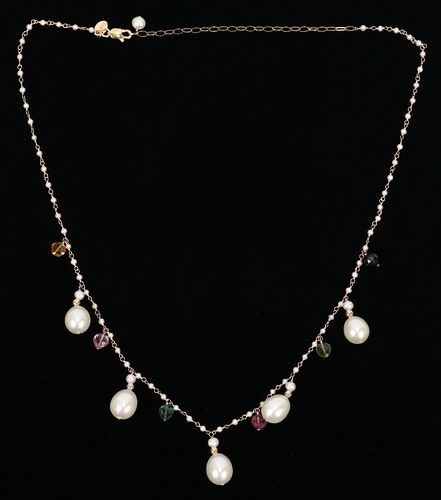 " TARA " PEARLS, MALTY COLOR TOURMALINES 14KT YELLOW GOLD, LARIAT NECKLACE, L 17.75". TW. 8.6 GR. 