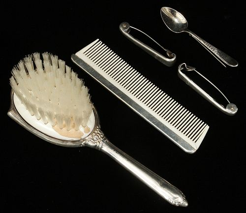 REED AND BARTON, NAPIER, RB, STERLING BABY BRUSH, COMB, PINS & BROOCH L 6" 