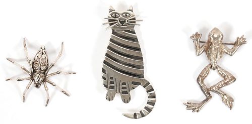 MEXICAN STERLING BROOCHES: CAT, SPIDER, FROG 