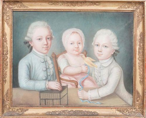 French School, Late 18th Century      Portrait of Three Children and Their Pet Canary