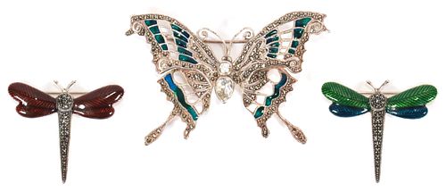 ENAMEL ON STERLING BROOCHES, BUTTERFLY AND FIREFLIES 3 PCS.  