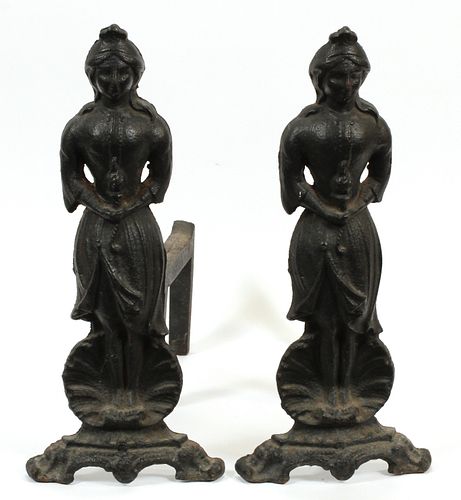 CAST IRON FIGURAL ANDIRONS, LATE 19TH C., PAIR, H 17", L 8", D 18" 