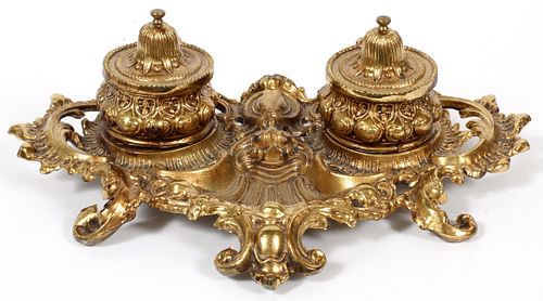ROCOCO STYLE BRASS INK STAND, H 4", L 13" 