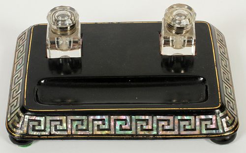 ENGLISH PAPER MACHE AND MOTHER OF PEARL INKSTAND C. 1890, W 7", L 9.5" 