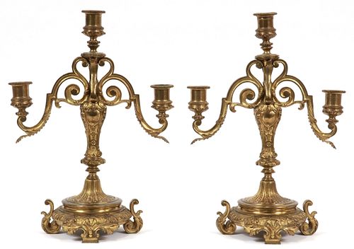 FRENCH BRONZE CANDLEABRAS 19TH.C. PAIR H 14" W 9" 