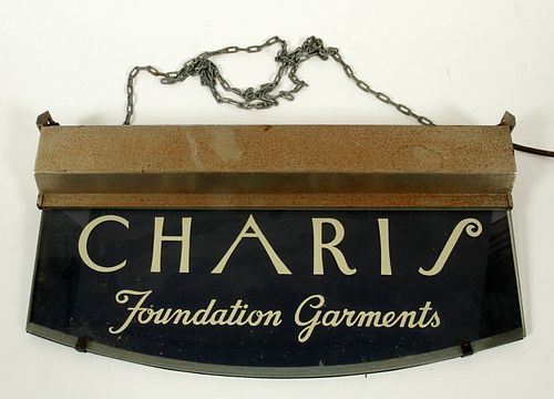 PRICE BROTHERS INC. ELECTRIFIED STORE SIGN, "CHARIS FOUNDATION GARMENTS," H 8", L 16.5" D 2" 