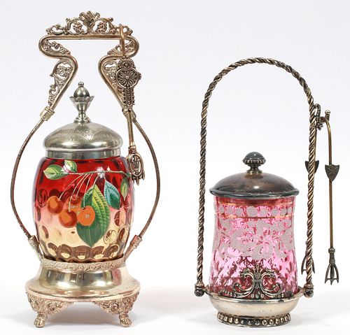 AMBERINA AND CRANBERRY GLASS  PICKLE JARS,  C. 1870, TWO H 12", 10" 