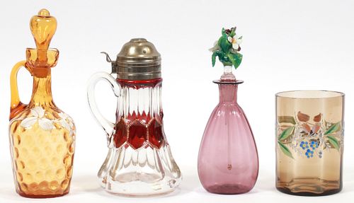 AMERICAN GLASS CRUETS (2), PICKLE JAR AND VENETIAN PERFUME BOTTLE C. 1870 4 PCS. H 9" - 7" 