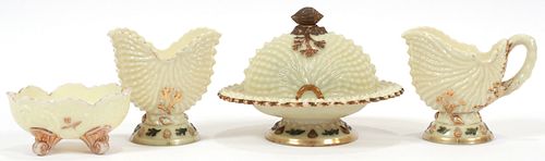 CUSTARD GLASS HOBNAIL BUTTER DISH,  CREAMER AND SUGAR, ALSO ANOTHER C 1870, 4 PCS.  H 5" - 2.5" 