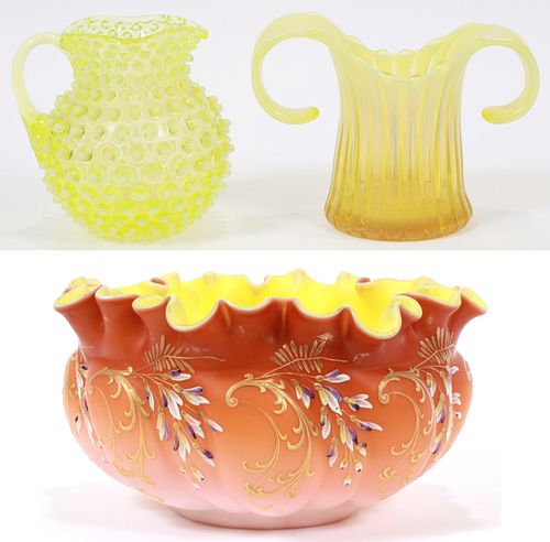 HAND BLOWN VASELINE PITCHER AND AMBER GLASS VASE C. 1880 H 6", 5.5" 