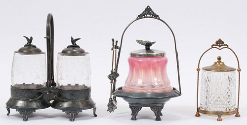 AMERICAN GLASS  PICKLE JARS, SILVER PLATE FRAMES, C. 1870, THREE H 6" - 10" 