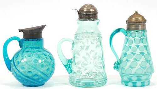 BLUE GLASS SYRUP CRUETS C. 1870 THREE H 6" - 7.7" 