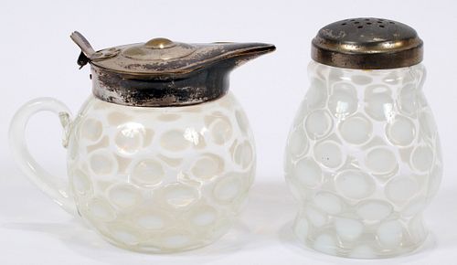 OPALESCENT COIN SPOT PITCHER AND MUFFINEER  C. 1870, 2 PCS. H 4", 4.5" 