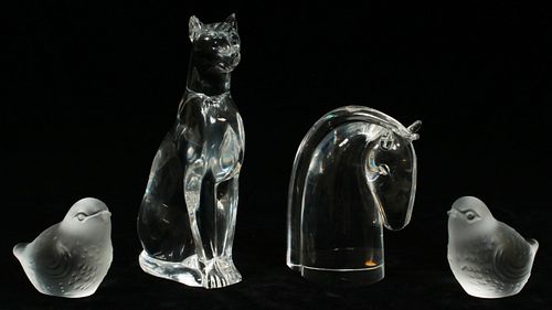 BACCARAT CRYSTAL CAT AND 2 BIRDS, ALSO STEUBEN HORSE H 6"