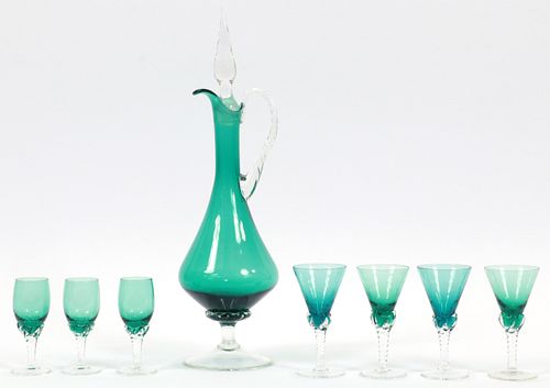 MURANO GLASS DECANTER WITH CORDIALS 8 PCS. H 3.75",4.25", &15" 