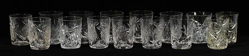 ANTIQUE ASSEMBLED BRIGHT CUT GLASS TUMBLERS, C 1900, 15 PCS, H 4" 