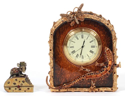 JAY STRONGWATER BOUDOIR CLOCK, PLUS "MOUSE" RING BOX H 5", 1.7" 