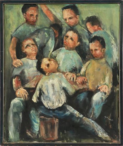 MARION MOORE, OIL ON CANVAS H 36" W 30" SCENE WITH YOUNG BOYS 