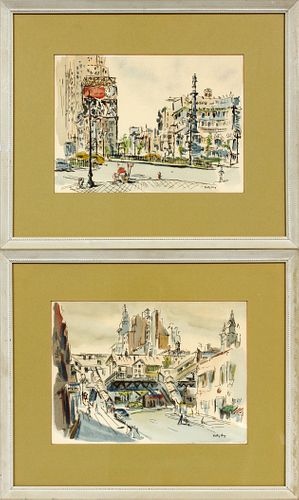 BETTY GUY, AMER 1920 - 16, WATERCOLOR AND  INK CITYSCAPES PAIR H 11" W 15" 
