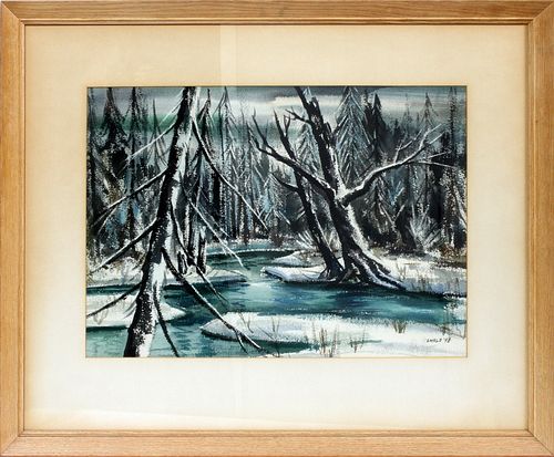 EWALD, WATERCOLOR, 1948, 20" X 27", WINTER FOREST LANDSCAPE 