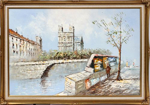 SIGNED LAWRENCE, OIL ON CANVAS, C. 1960 H 24", W 36", NOTRE DAME FROM THE PONT NEUF 